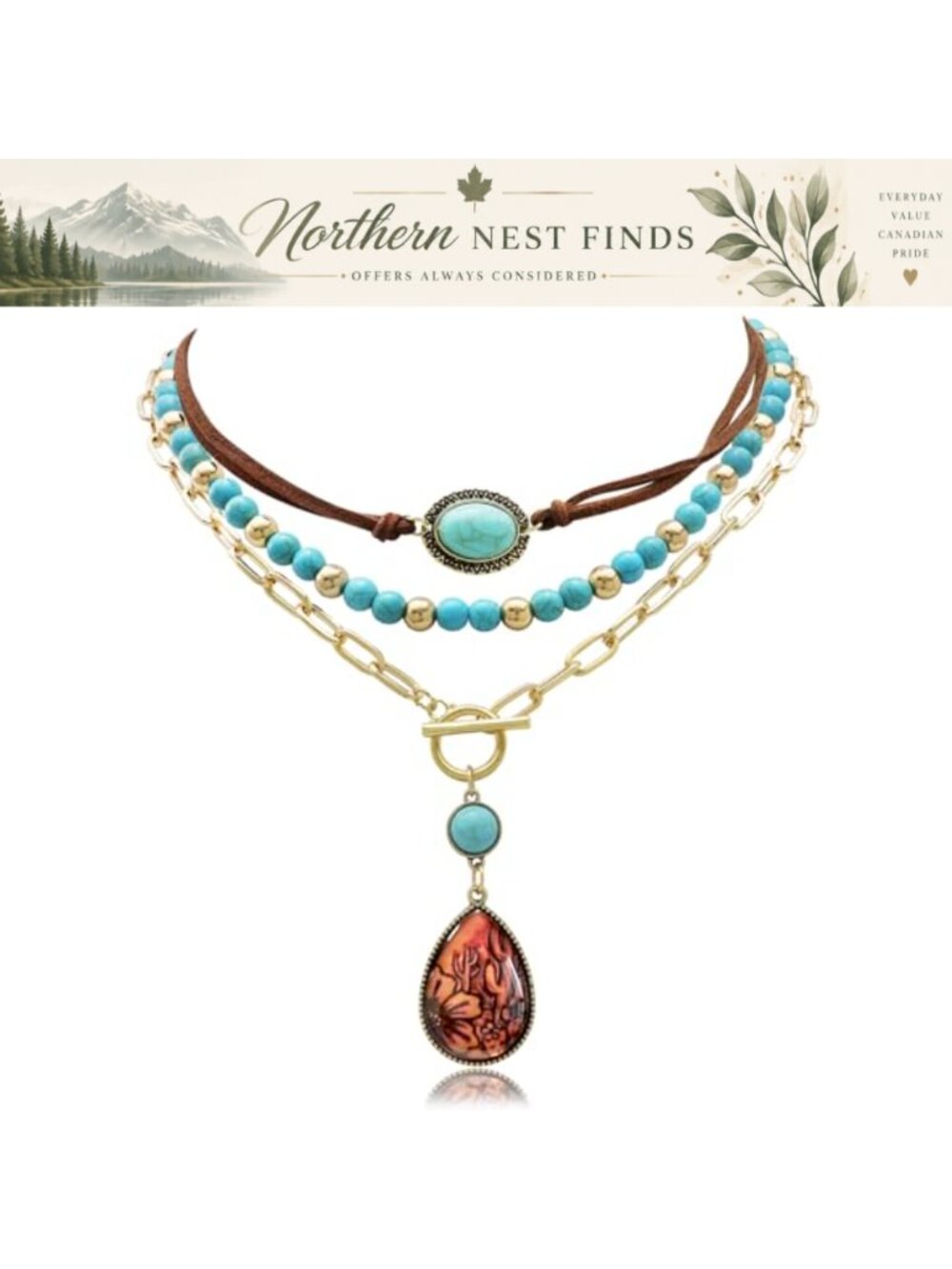 Layered Western Cowgirl Necklaces Set with Turquoise Beads and Rhinestone